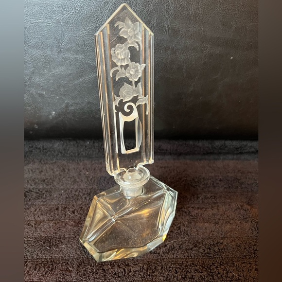 Vintage Czech Glass Perfume Bottle with Engraved Floral Design - Picture 3 of 14